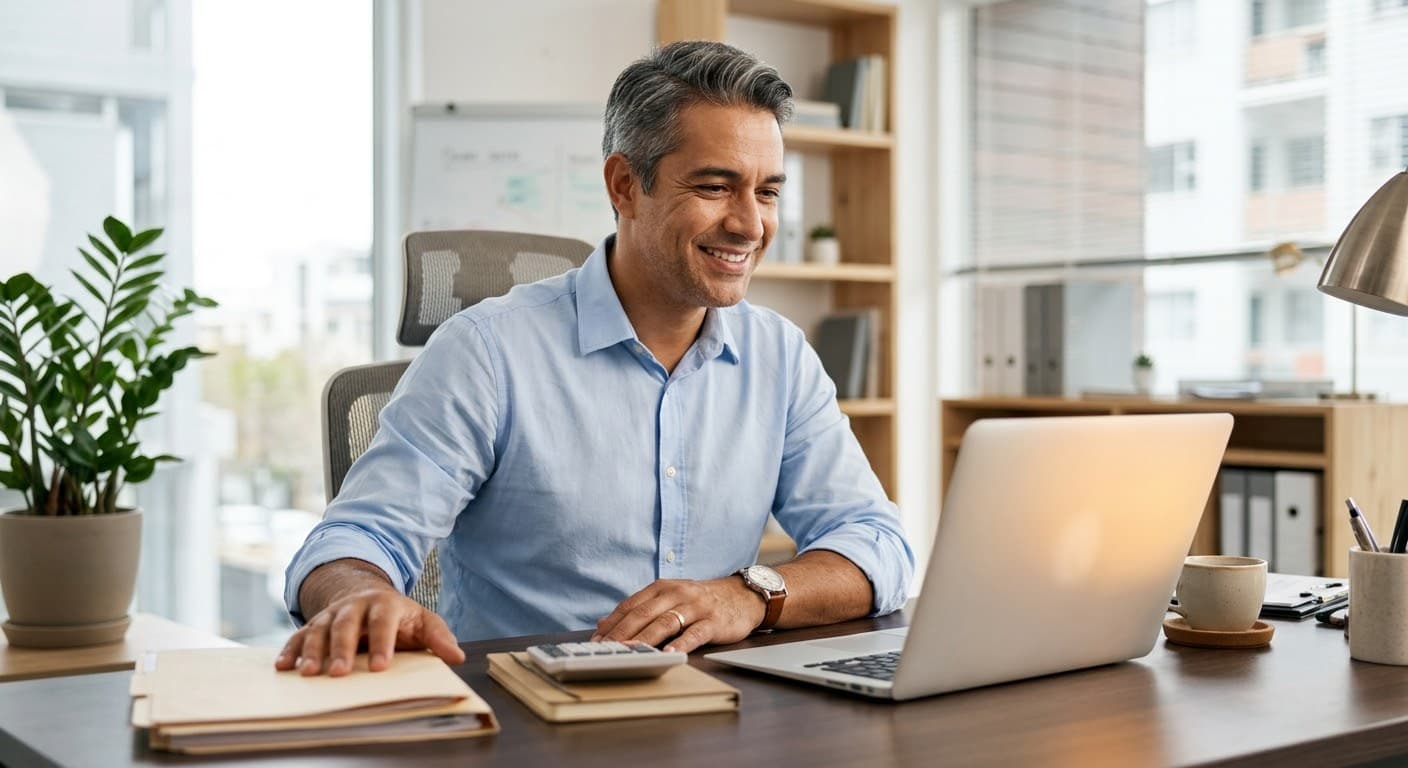 Administrador usando notebook e calculadora para o fechamento financeiro do condomínio