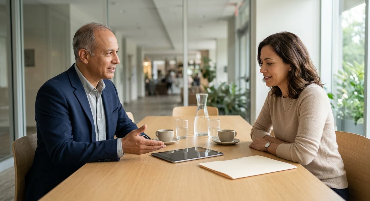 Síndico e condômina conversando sobre as contas do condomínio em uma mesa com tablet e pasta de documentos